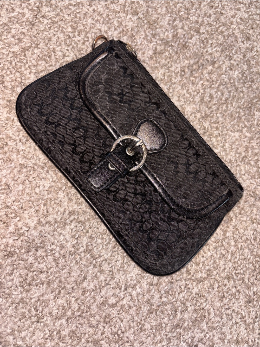 Coach Black Signature Zip Wristlet Clutch with Buckle Detail